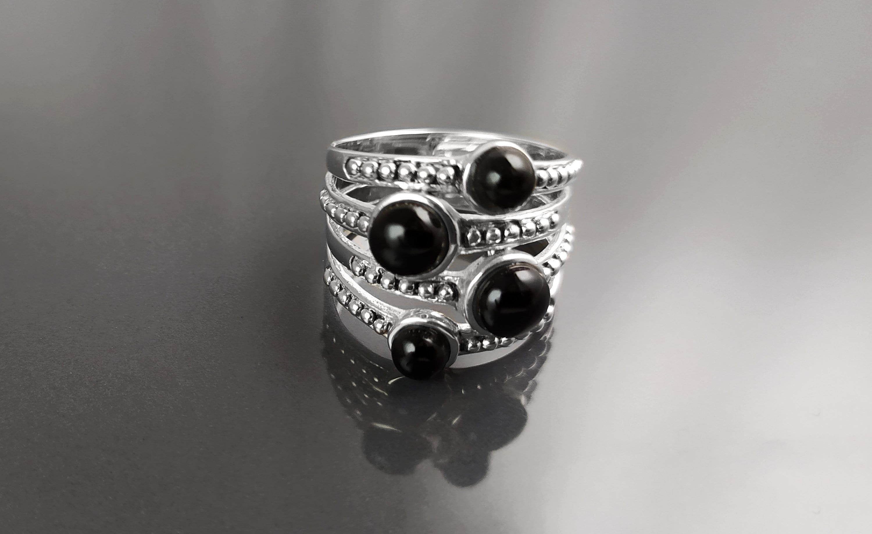 Onyx Multi Band Ring • Sterling Silver • Boho Black Stone Jewelry • Statement Antique Style gift for Her