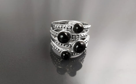Onyx Multi Band Ring • Sterling Silver • Boho Black Stone Jewelry • Statement Antique Style gift for Her