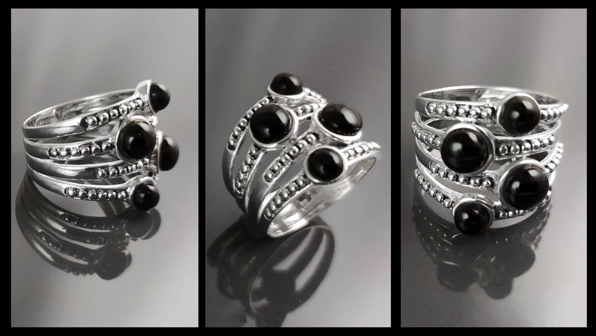 Onyx Multi Band Ring • Sterling Silver • Boho Black Stone Jewelry • Statement Antique Style gift for Her