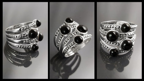 Onyx Multi Band Ring • Sterling Silver • Boho Black Stone Jewelry • Statement Antique Style gift for Her