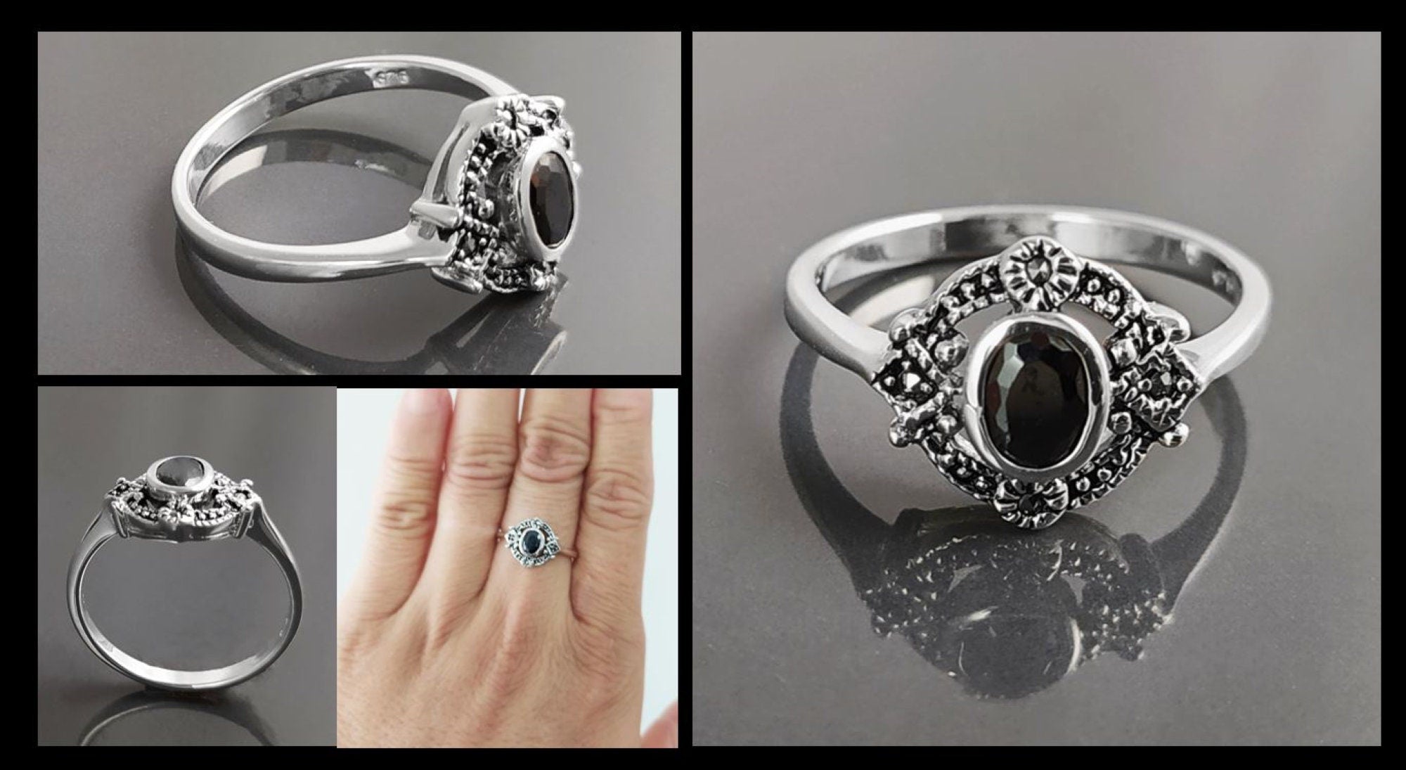 Black Antique Ring, Sterling Silver ring with Oval Black Cz Stone and Marcasites Stones, Round Vintage Art-Deco Design Jewelry