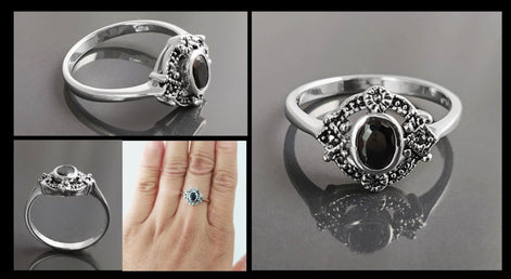 Black Antique Ring, Sterling Silver ring with Oval Black Cz Stone and Marcasites Stones, Round Vintage Art-Deco Design Jewelry
