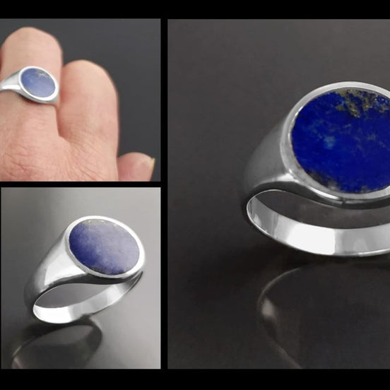 Lapis Lazuli Signet Ring, Sterling Silver Round Flat Stone, Handmade