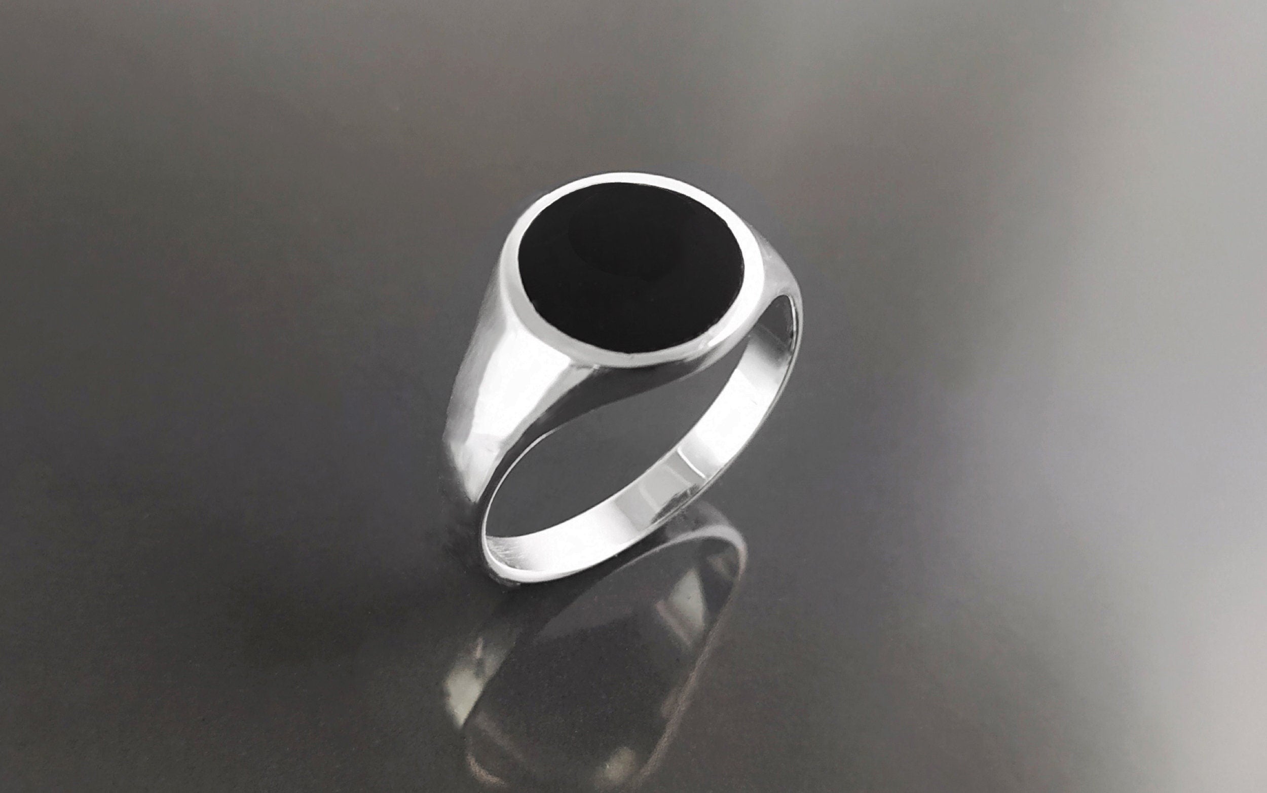 Sterling Silver Round Black Onyx Signet Ring, Unisex