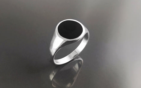 Sterling Silver Round Black Onyx Signet Ring, Unisex