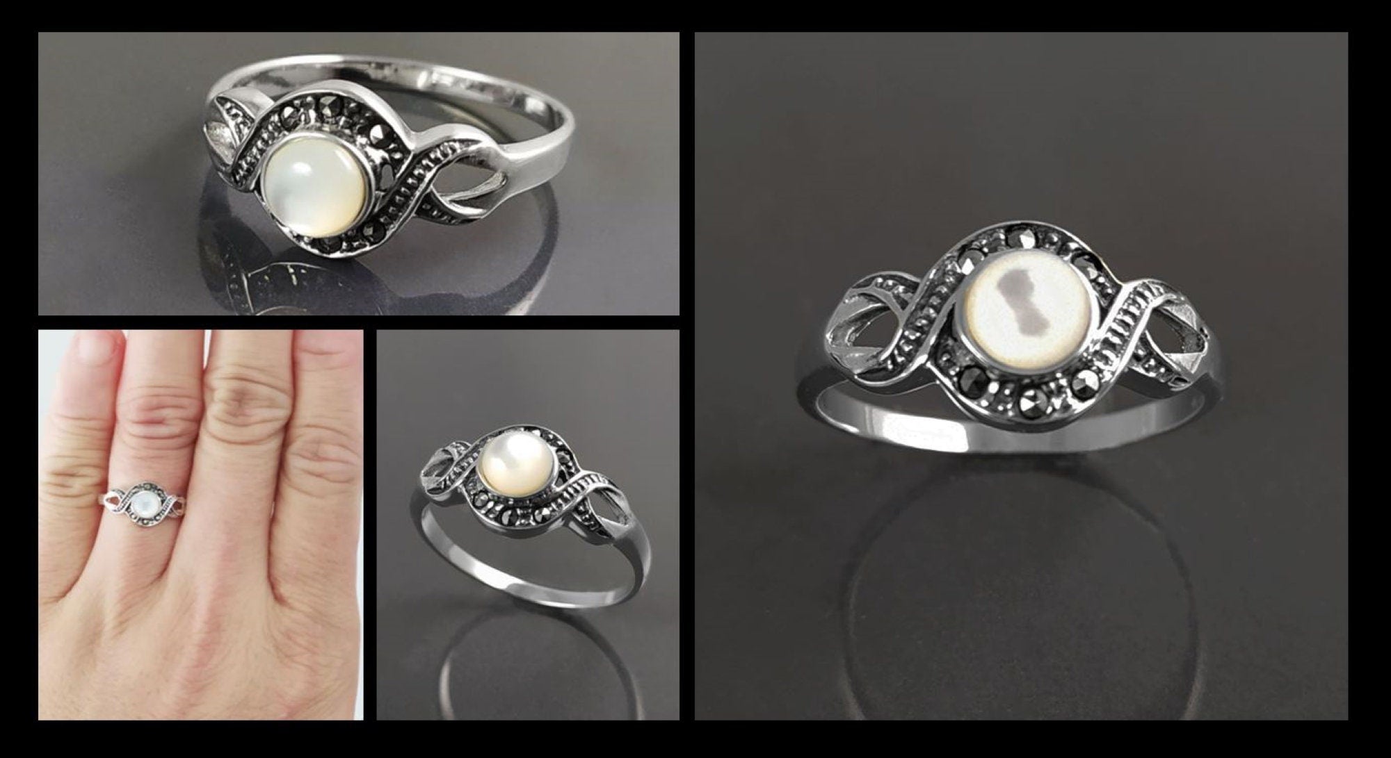 Retro Shell Ring, Sterling Silver, Waves Infinity Art Deco Marcasites Ring, Round Real Mother of Pearl, Antique Retro Inspired Stone Jewelry