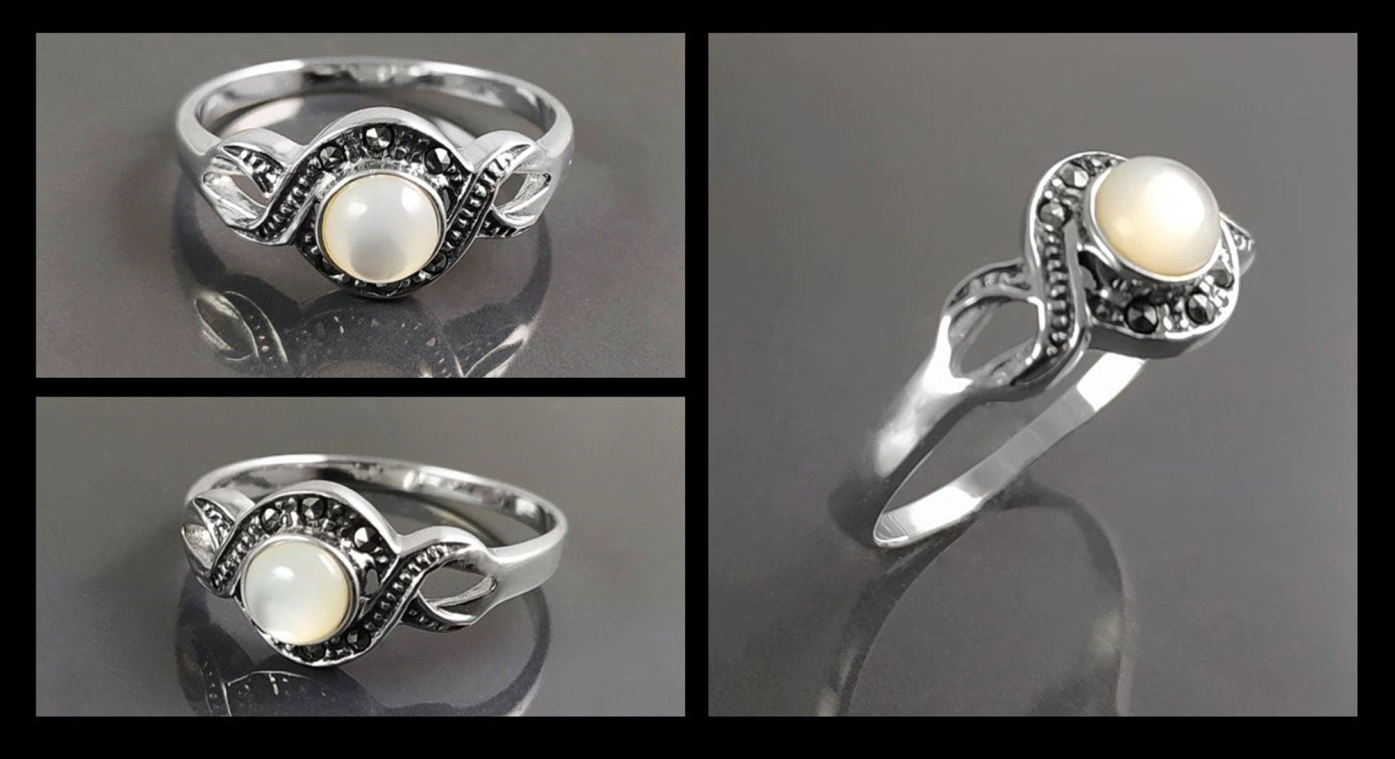 Retro Shell Ring, Sterling Silver, Waves Infinity Art Deco Marcasites Ring, Round Real Mother of Pearl, Antique Retro Inspired Stone Jewelry