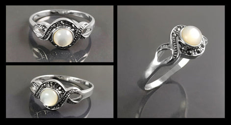 Retro Shell Ring, Sterling Silver, Waves Infinity Art Deco Marcasites Ring, Round Real Mother of Pearl, Antique Retro Inspired Stone Jewelry