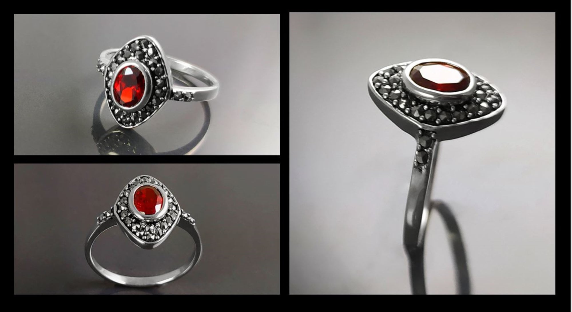 Garnet Marcassite Ring, Sterling Silver, Marquise Ring, Garnet Red Color Stone (Cz), Retro Stone Rings, Antique Jewelry, Women's Gifts