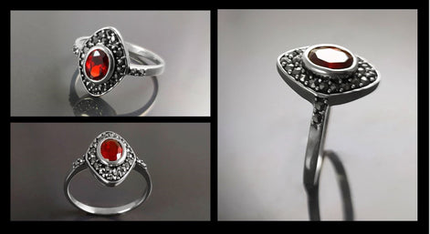 Garnet Marcassite Ring, Sterling Silver, Marquise Ring, Garnet Red Color Stone (Cz), Retro Stone Rings, Antique Jewelry, Women's Gifts
