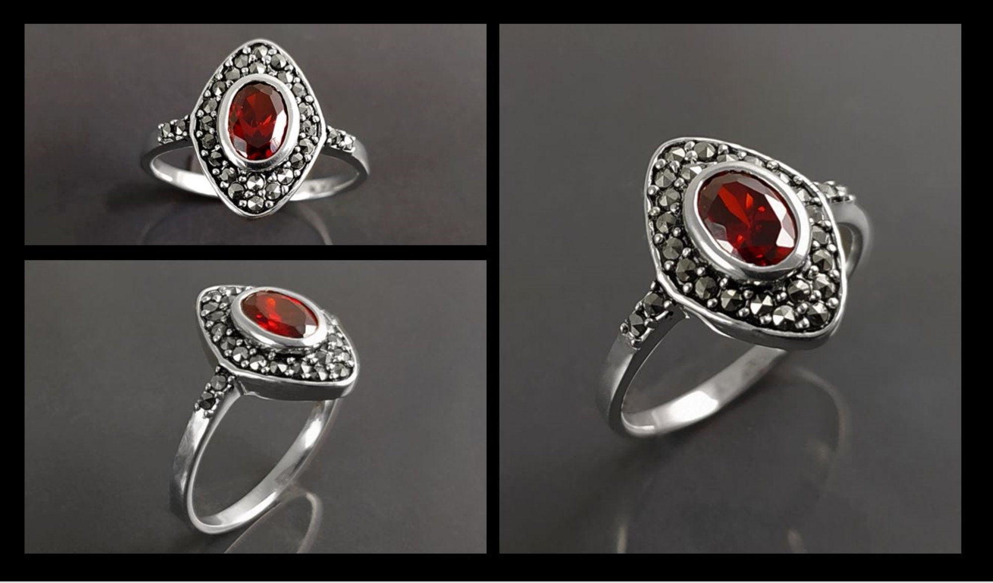 Garnet Marcassite Ring, Sterling Silver, Marquise Ring, Garnet Red Color Stone (Cz), Retro Stone Rings, Antique Jewelry, Women's Gifts