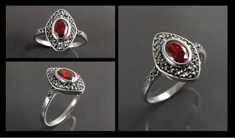 Garnet Marcassite Ring, Sterling Silver, Marquise Ring, Garnet Red Color Stone (Cz), Retro Stone Rings, Antique Jewelry, Women's Gifts