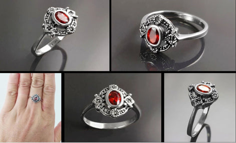925 Sterling Silver Oval Red Garnet Marcasite Ring, Art Deco Vintage Design Jewelry