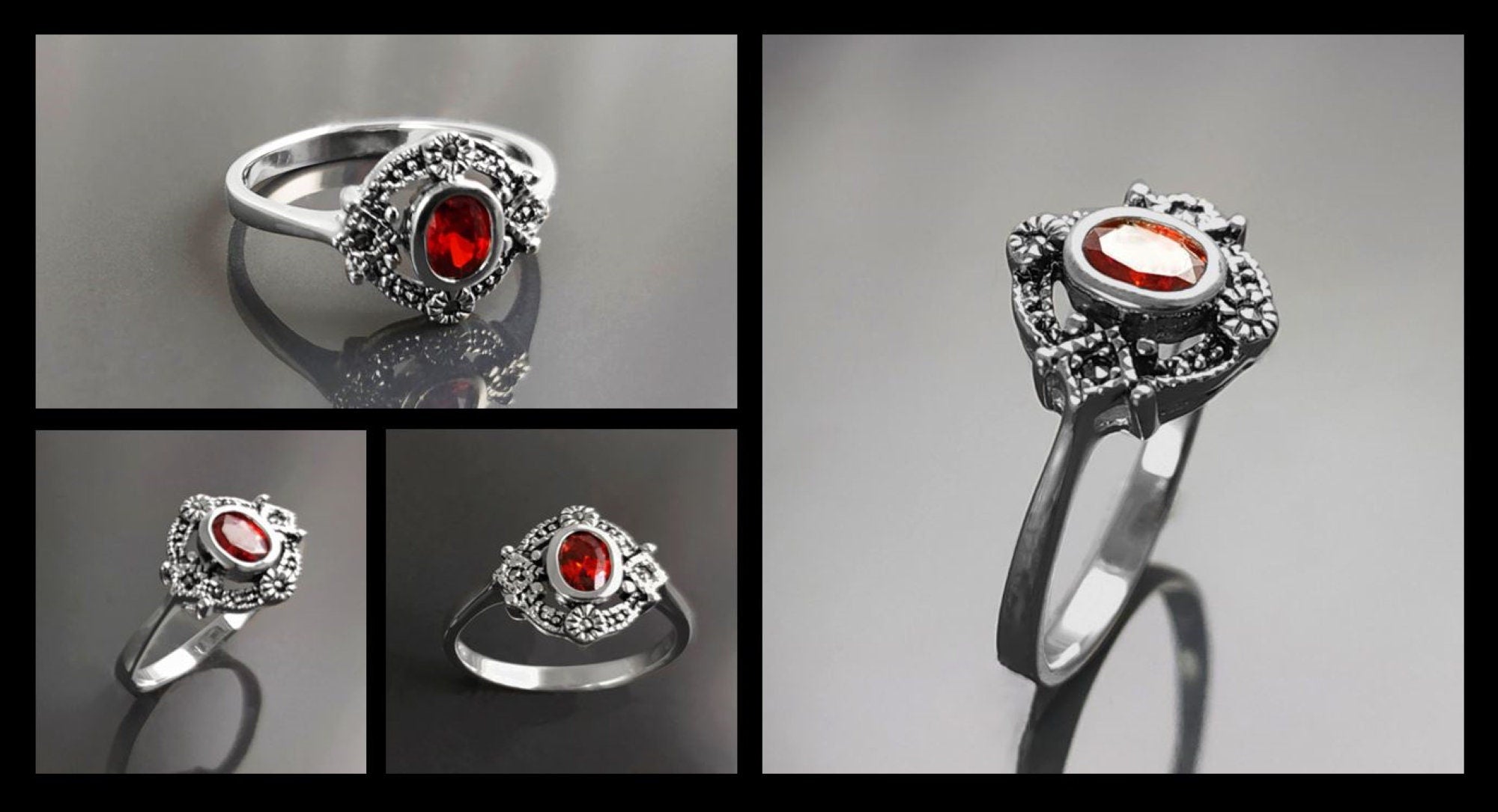 925 Sterling Silver Oval Red Garnet Marcasite Ring, Art Deco Vintage Design Jewelry