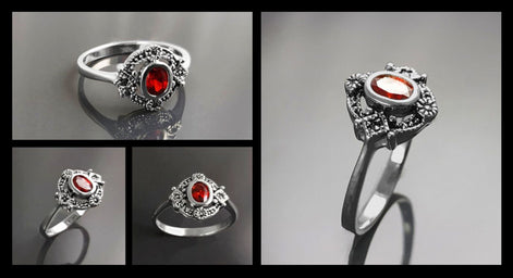 925 Sterling Silver Oval Red Garnet Marcasite Ring, Art Deco Vintage Design Jewelry