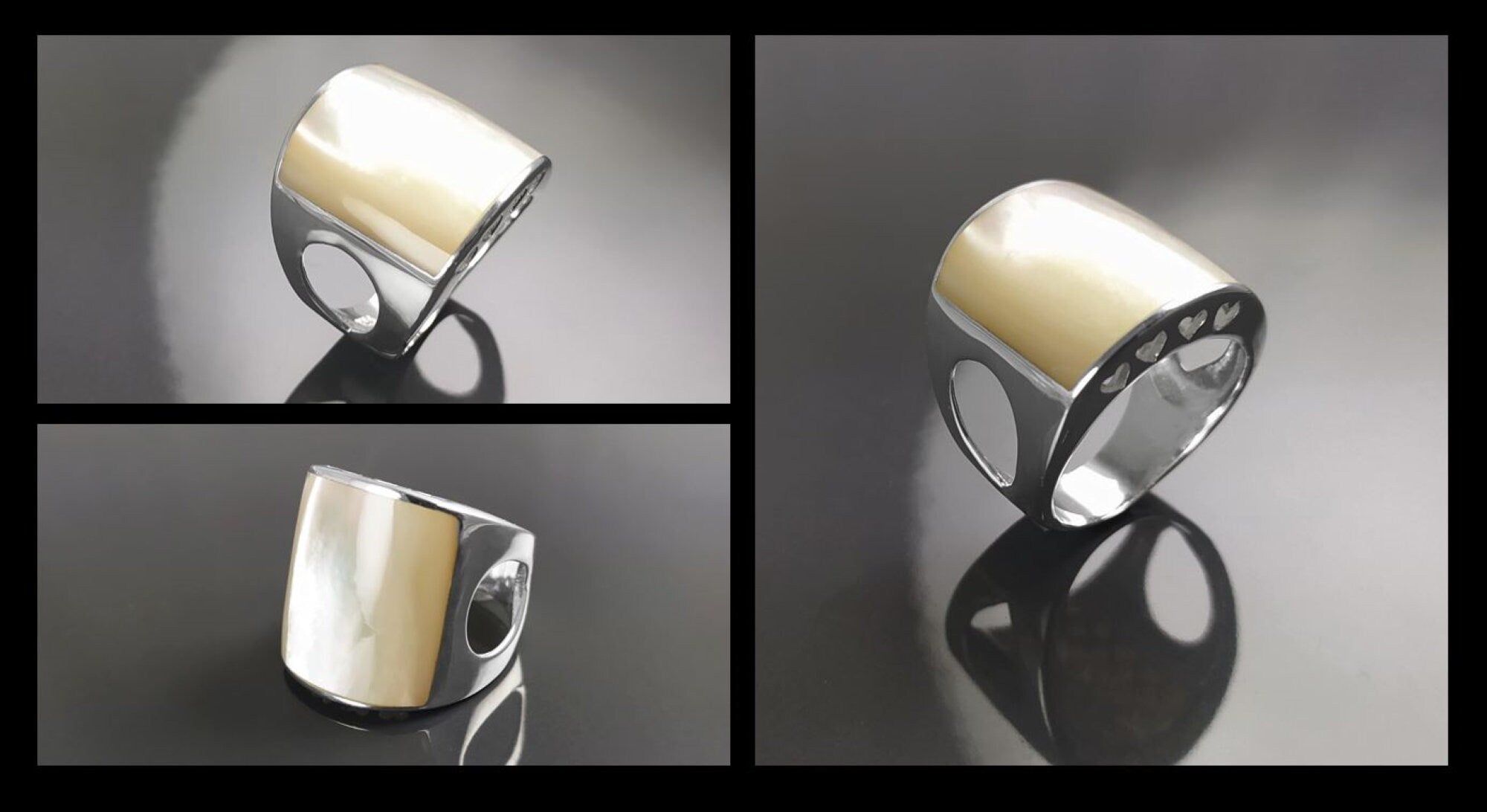 White Square MOP Ring, sterling silver, cuff ring, large armor Ring, modern minimalist wide stone design jewelry, Mother-of-Pearl Shell