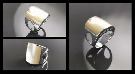 White Square MOP Ring, sterling silver, cuff ring, large armor Ring, modern minimalist wide stone design jewelry, Mother-of-Pearl Shell