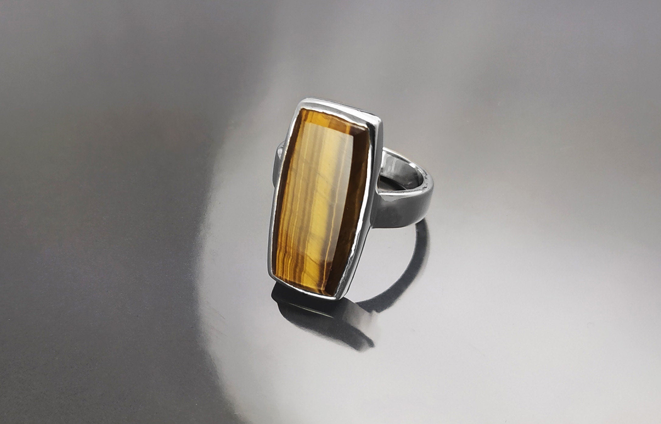 Brown Rectangle ring, sterling silver, brown color Tiger eye stone, Modern everyday urban minimalist geometric designed stone jewelry