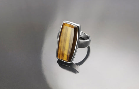 Brown Rectangle ring, sterling silver, brown color Tiger eye stone, Modern everyday urban minimalist geometric designed stone jewelry