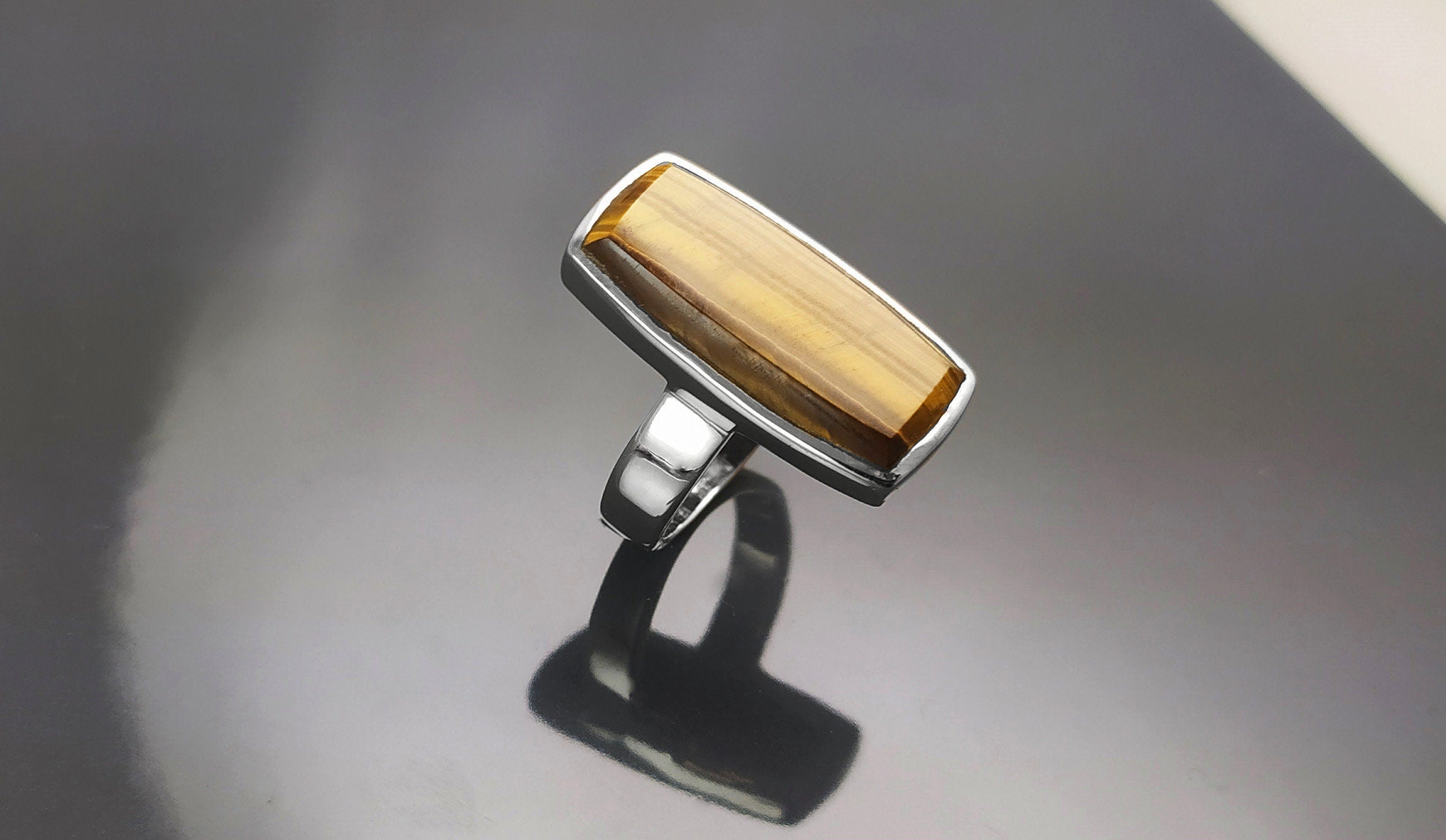 Brown Rectangle ring, sterling silver, brown color Tiger eye stone, Modern everyday urban minimalist geometric designed stone jewelry