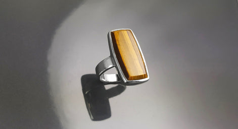 Brown Rectangle ring, sterling silver, brown color Tiger eye stone, Modern everyday urban minimalist geometric designed stone jewelry