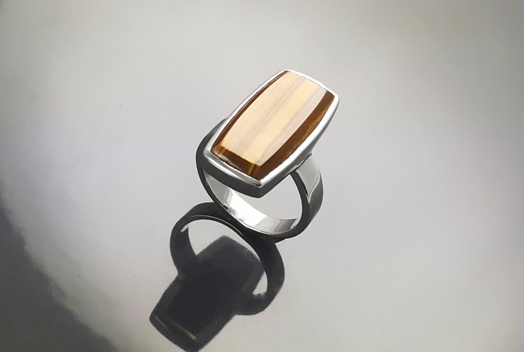 Brown Rectangle ring, sterling silver, brown color Tiger eye stone, Modern everyday urban minimalist geometric designed stone jewelry