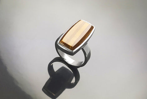 Brown Rectangle ring, sterling silver, brown color Tiger eye stone, Modern everyday urban minimalist geometric designed stone jewelry