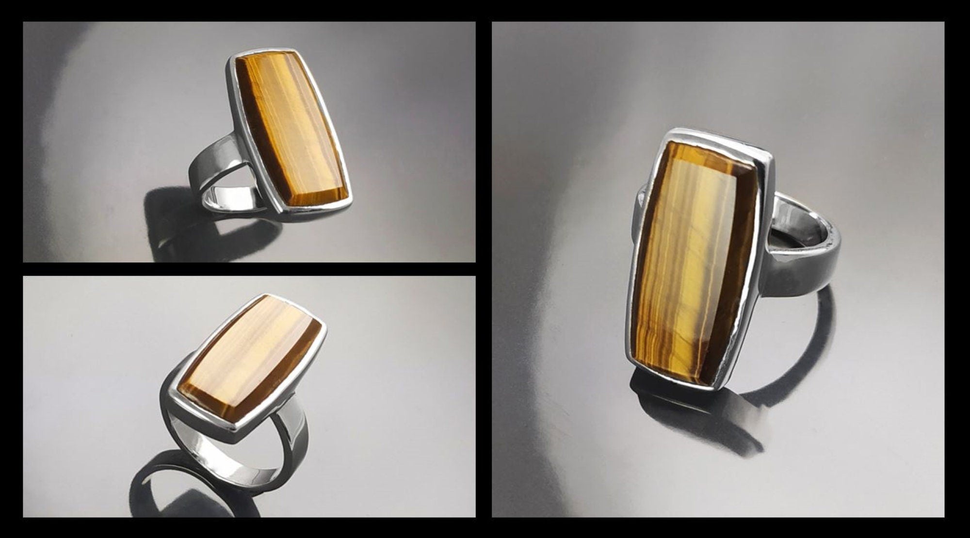 Brown Rectangle ring, sterling silver, brown color Tiger eye stone, Modern everyday urban minimalist geometric designed stone jewelry