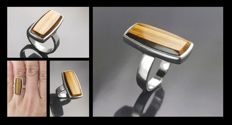 Brown Rectangle ring, sterling silver, brown color Tiger eye stone, Modern everyday urban minimalist geometric designed stone jewelry