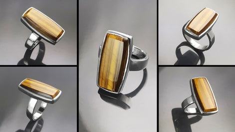 Brown Rectangle ring, sterling silver, brown color Tiger eye stone, Modern everyday urban minimalist geometric designed stone jewelry