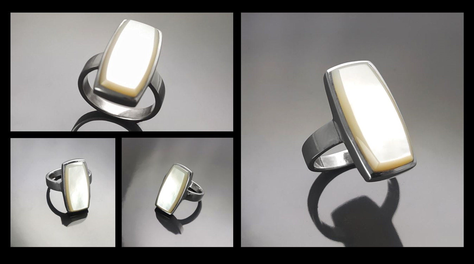 Sterling Silver Rectangle Mother-of-Pearl Ring, Modern Statement Jewelry