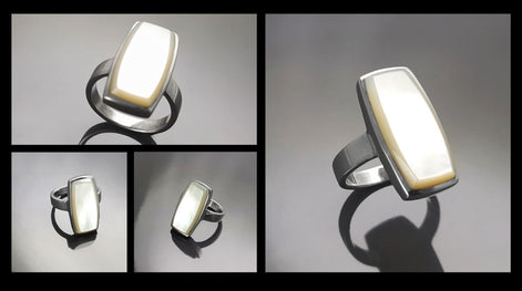 Sterling Silver Rectangle Mother-of-Pearl Ring, Modern Statement Jewelry
