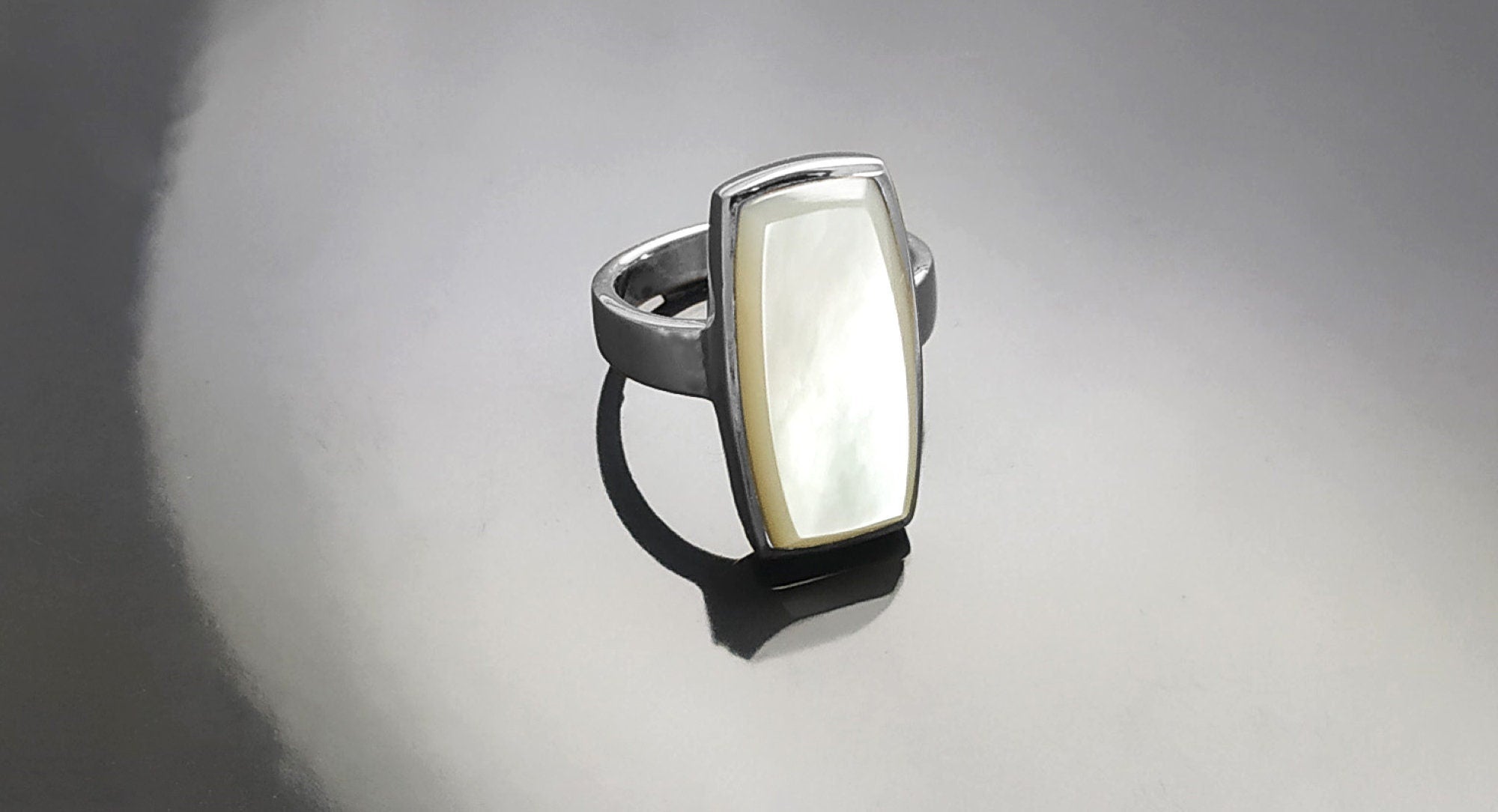 Sterling Silver Rectangle Mother-of-Pearl Ring, Modern Statement Jewelry
