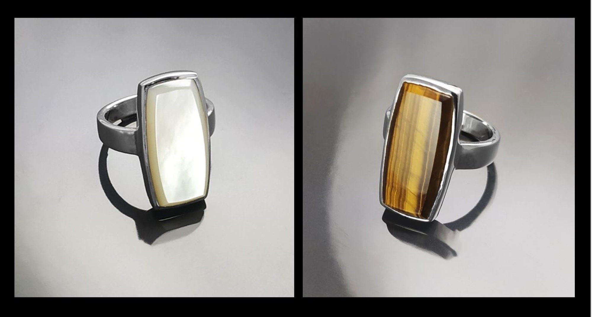 Sterling Silver Rectangle Mother-of-Pearl Ring, Modern Statement Jewelry