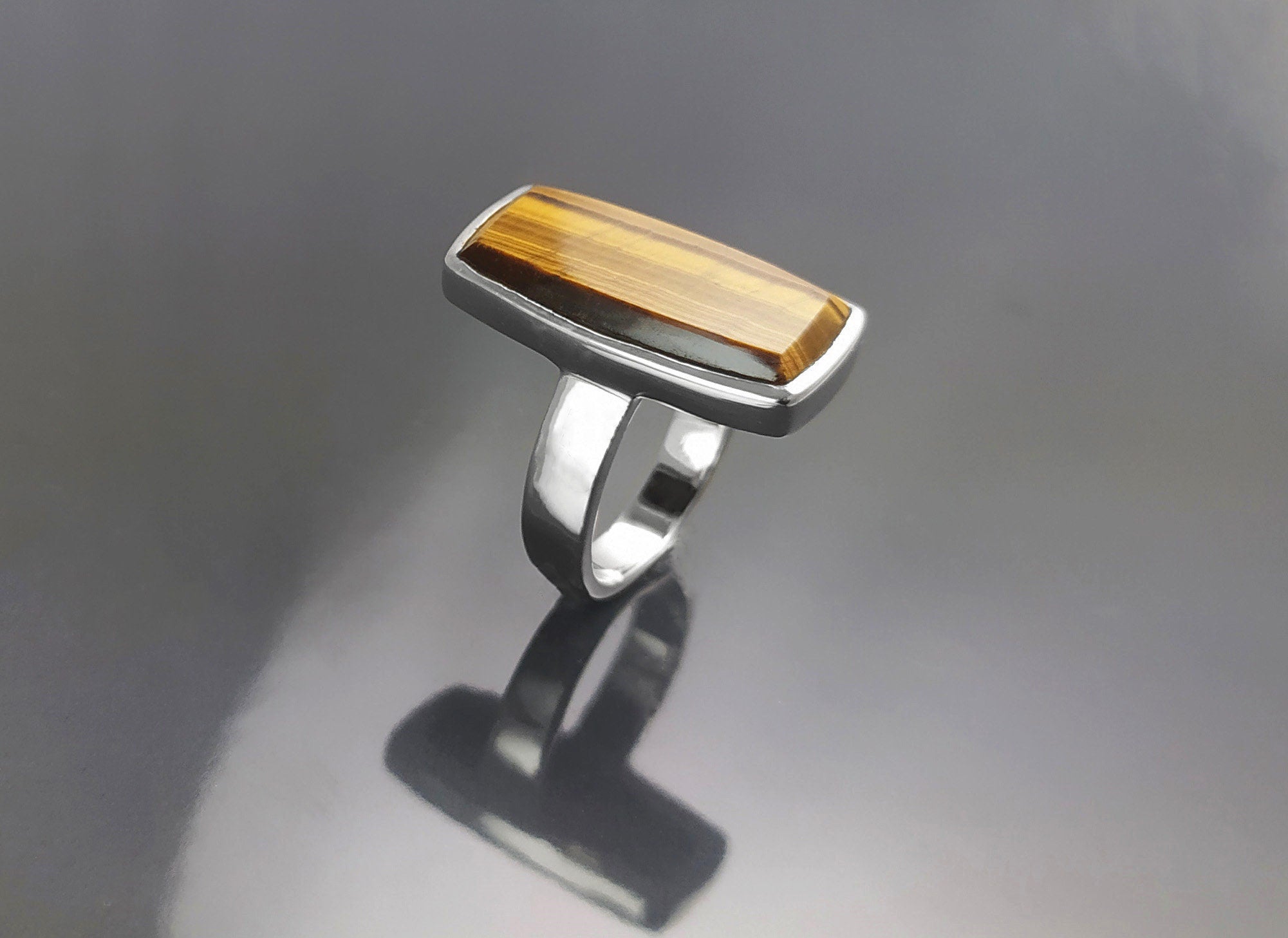 Brown Rectangle ring, sterling silver, brown color Tiger eye stone, Modern everyday urban minimalist geometric designed stone jewelry