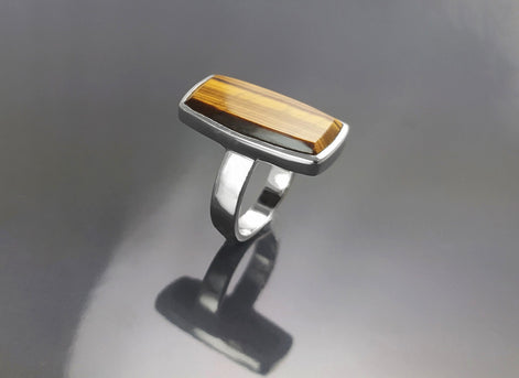 Brown Rectangle ring, sterling silver, brown color Tiger eye stone, Modern everyday urban minimalist geometric designed stone jewelry
