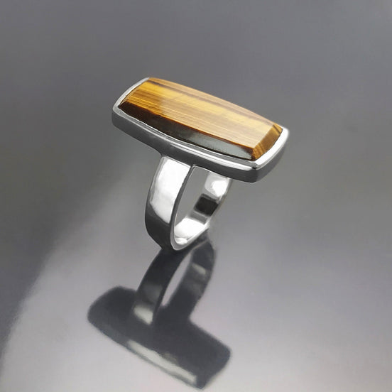 Brown Rectangle ring, sterling silver, brown color Tiger eye stone, Modern everyday urban minimalist geometric designed stone jewelry