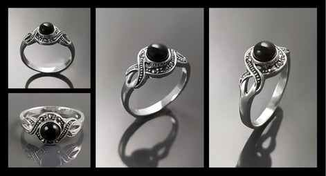 Art Deco Black Onyx Stone Ring, Sterling Silver, Waves Infinity Marcasites Ring, Round Onyx, Antique Retro Inspired Stone Jewelry