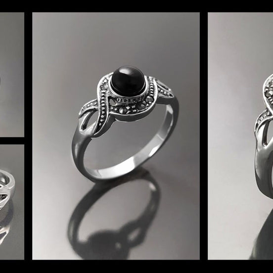 Art Deco Black Onyx Stone Ring, Sterling Silver, Waves Infinity Marcasites Ring, Round Onyx, Antique Retro Inspired Stone Jewelry