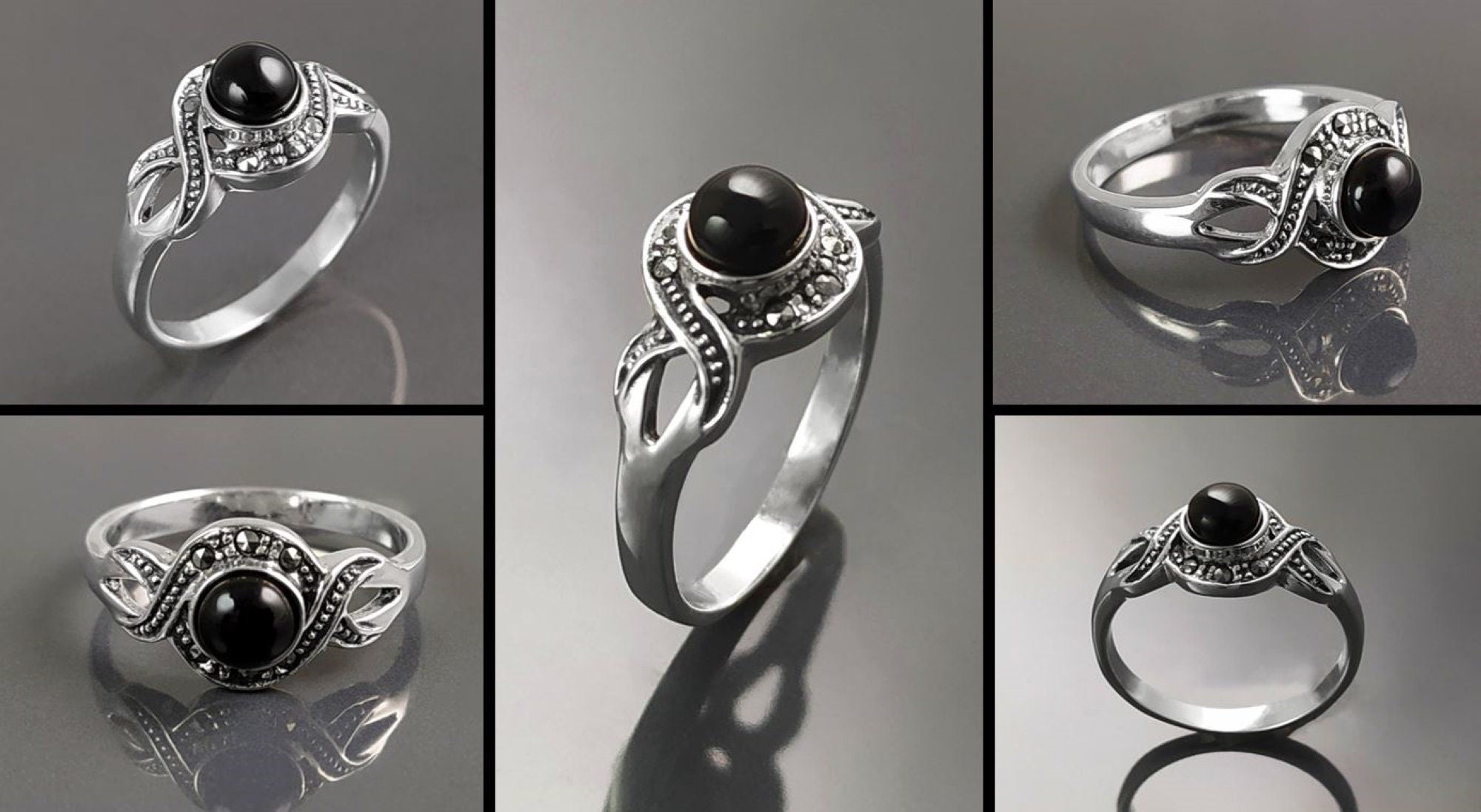 Art Deco Black Onyx Stone Ring, Sterling Silver, Waves Infinity Marcasites Ring, Round Onyx, Antique Retro Inspired Stone Jewelry