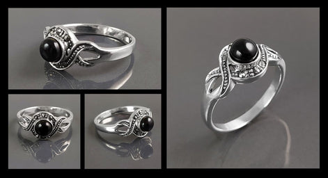 Art Deco Black Onyx Stone Ring, Sterling Silver, Waves Infinity Marcasites Ring, Round Onyx, Antique Retro Inspired Stone Jewelry