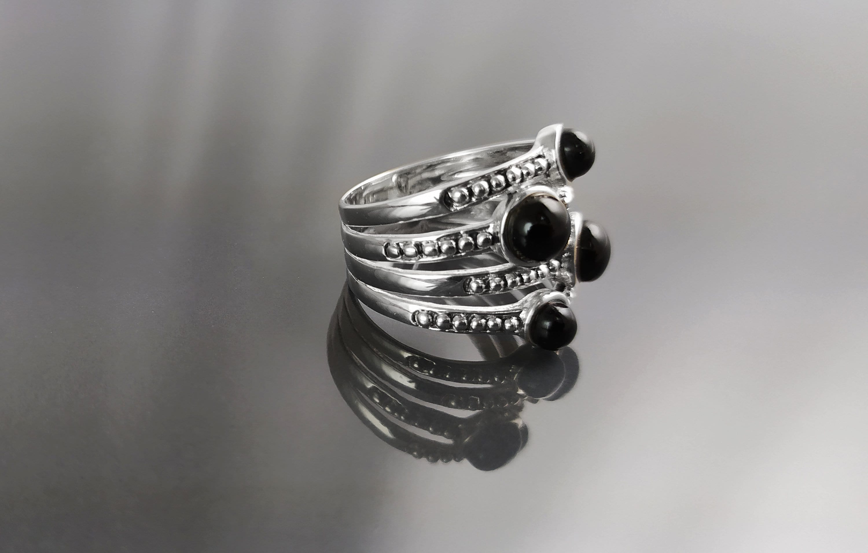 Onyx Multi Band Ring • Sterling Silver • Boho Black Stone Jewelry • Statement Antique Style gift for Her