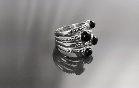 Onyx Multi Band Ring • Sterling Silver • Boho Black Stone Jewelry • Statement Antique Style gift for Her