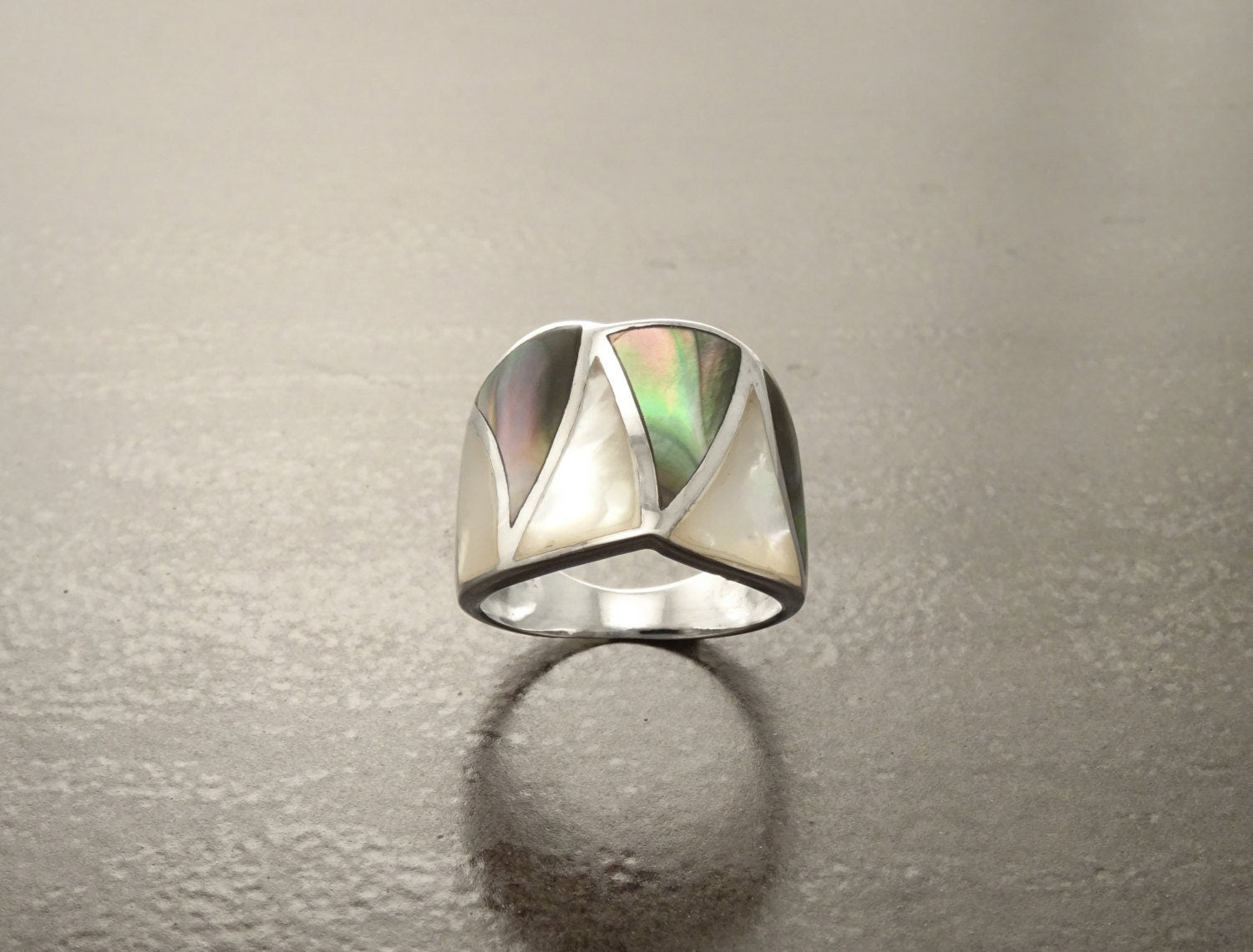 Shell Crossing Ring, Sterling Silver, GENUINE Grey Paua and White Mother of Pearl Shell, Modern Geometric Orginal Design, Wide Band Ring