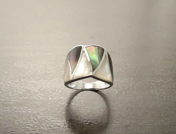Shell Crossing Ring, Sterling Silver, GENUINE Grey Paua and White Mother of Pearl Shell, Modern Geometric Orginal Design, Wide Band Ring