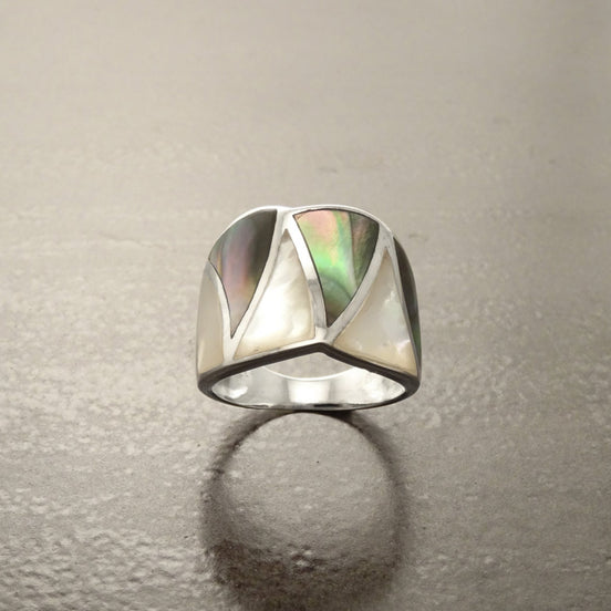 Shell Crossing Ring, Sterling Silver, GENUINE Grey Paua and White Mother of Pearl Shell, Modern Geometric Orginal Design, Wide Band Ring