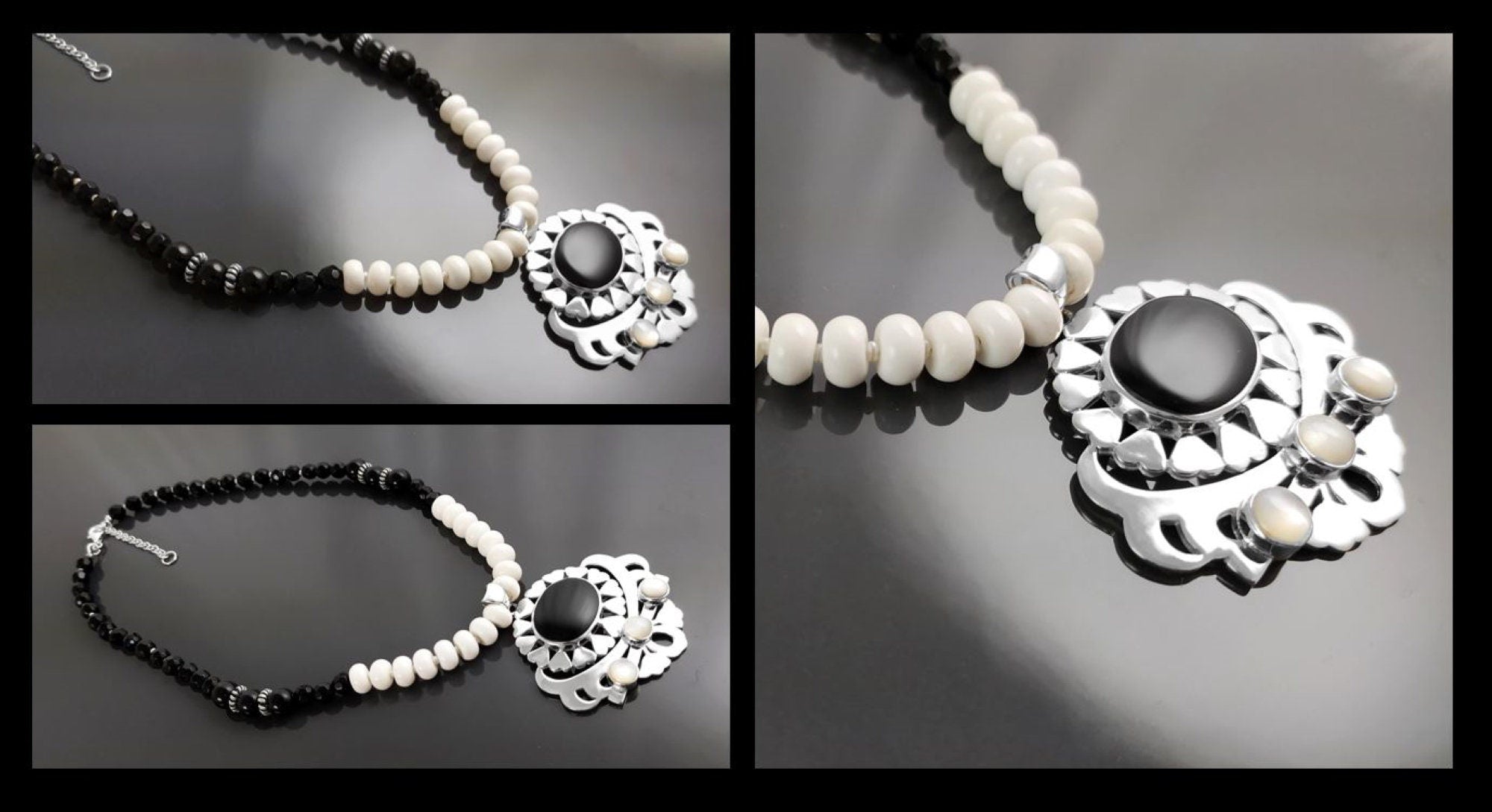 Boho Black Necklace, Sterling Silver, White agate and Black Onyx Gemstones, Adjustable Stone Necklace Choker, Spiritual Jewelry