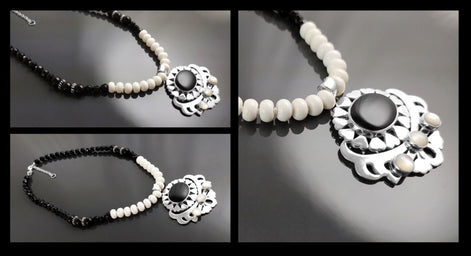 Boho Black Necklace, Sterling Silver, White agate and Black Onyx Gemstones, Adjustable Stone Necklace Choker, Spiritual Jewelry