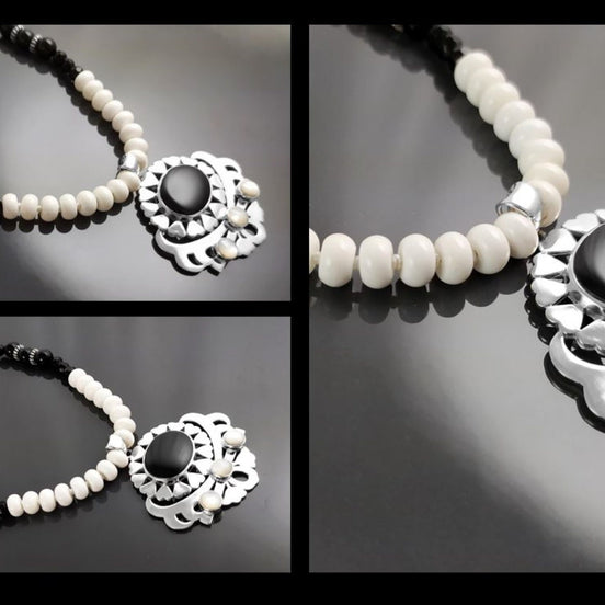 Boho Black Necklace, Sterling Silver, White agate and Black Onyx Gemstones, Adjustable Stone Necklace Choker, Spiritual Jewelry