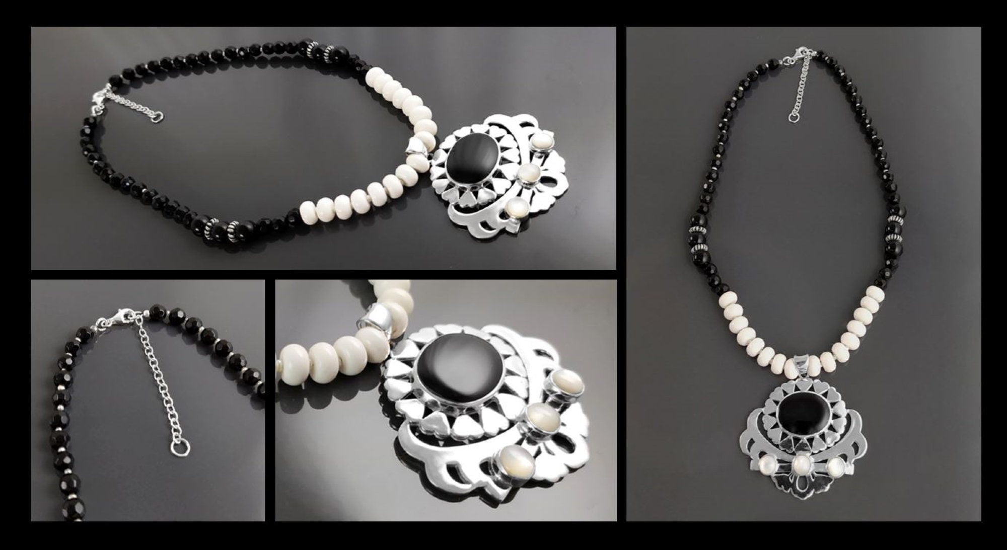 Boho Black Necklace, Sterling Silver, White agate and Black Onyx Gemstones, Adjustable Stone Necklace Choker, Spiritual Jewelry